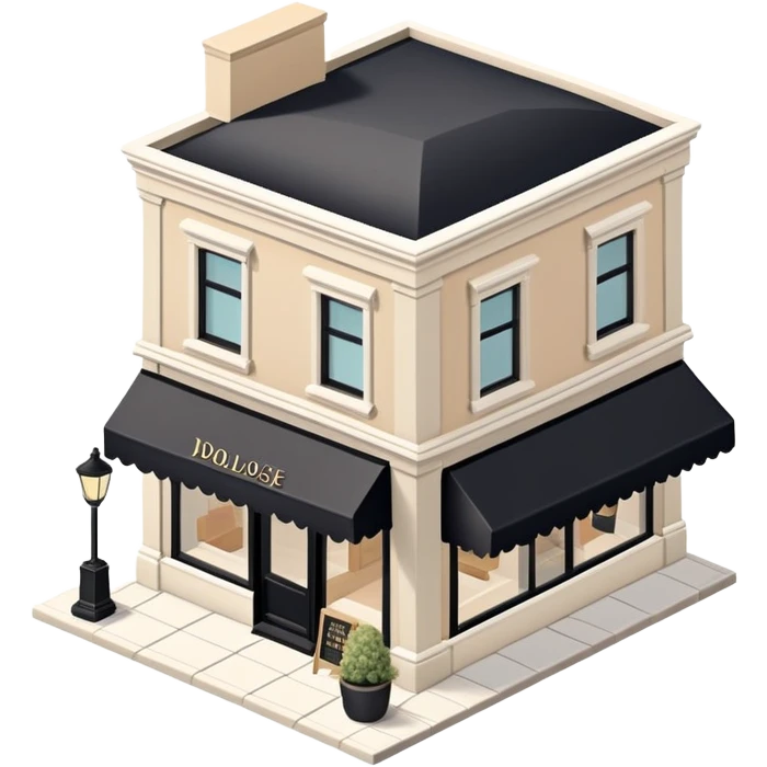 Isometric exterior little black, beige, and white clothing boutique, dollhouse style 3D realistic  emoji