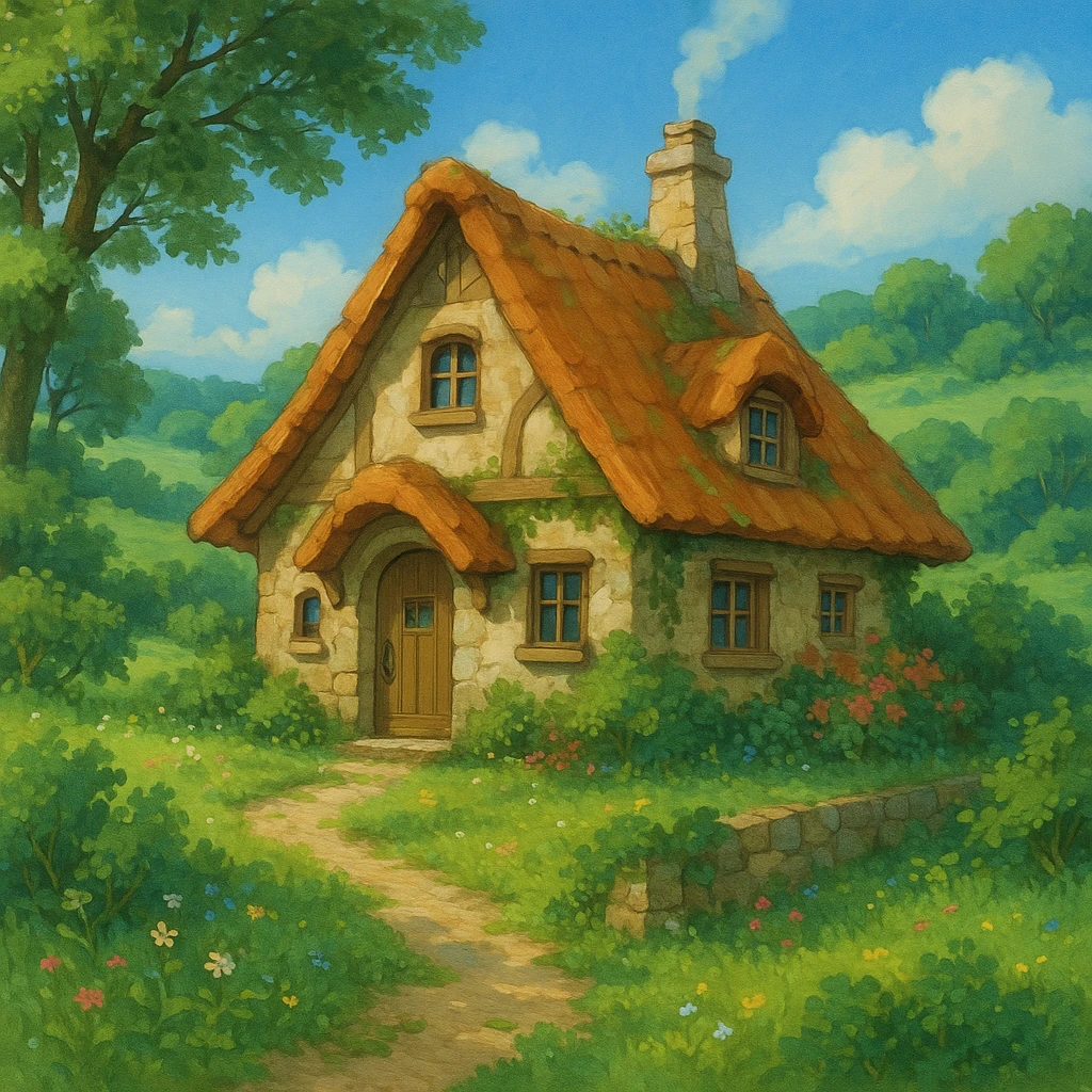 cozy cottage in a lush landscape, ghibli style emoji