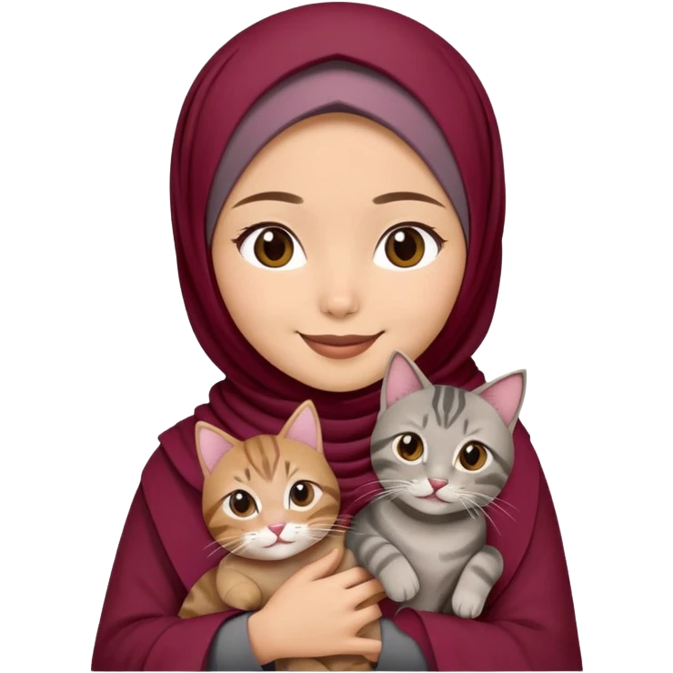 Asian white girl wearing  maroon hijab with dress holding a black grey tabby cat while smiling emoji