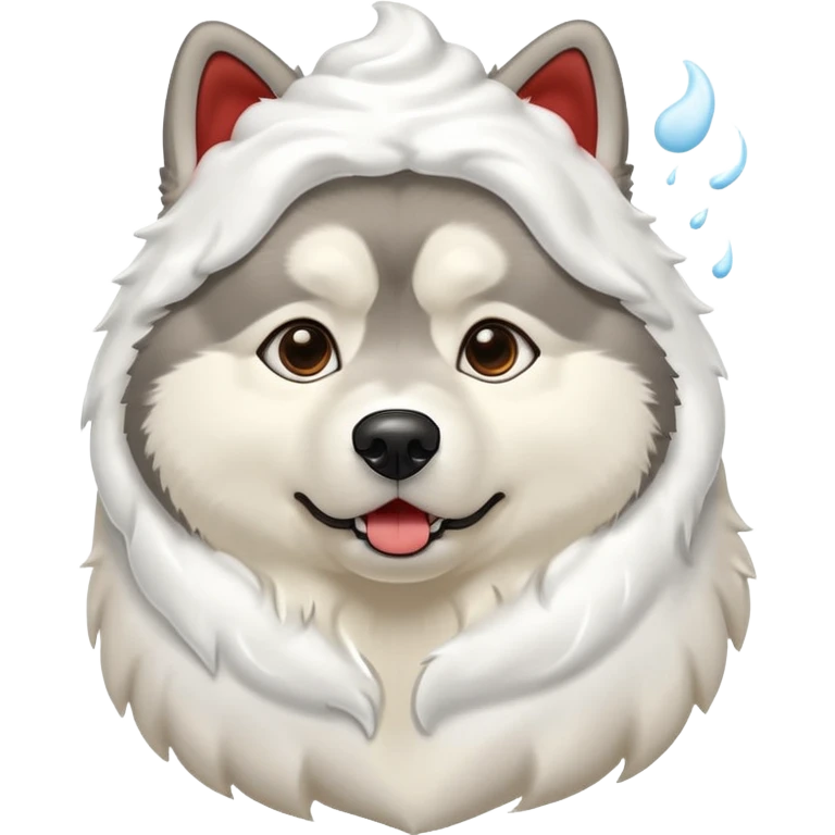 Fluffy malamute scared of whipped cream emoji