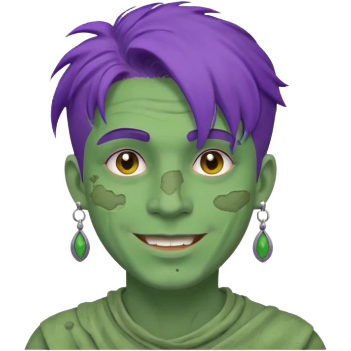 purple haired man with full full face dirty messy green clay mask and earrings happy  emoji