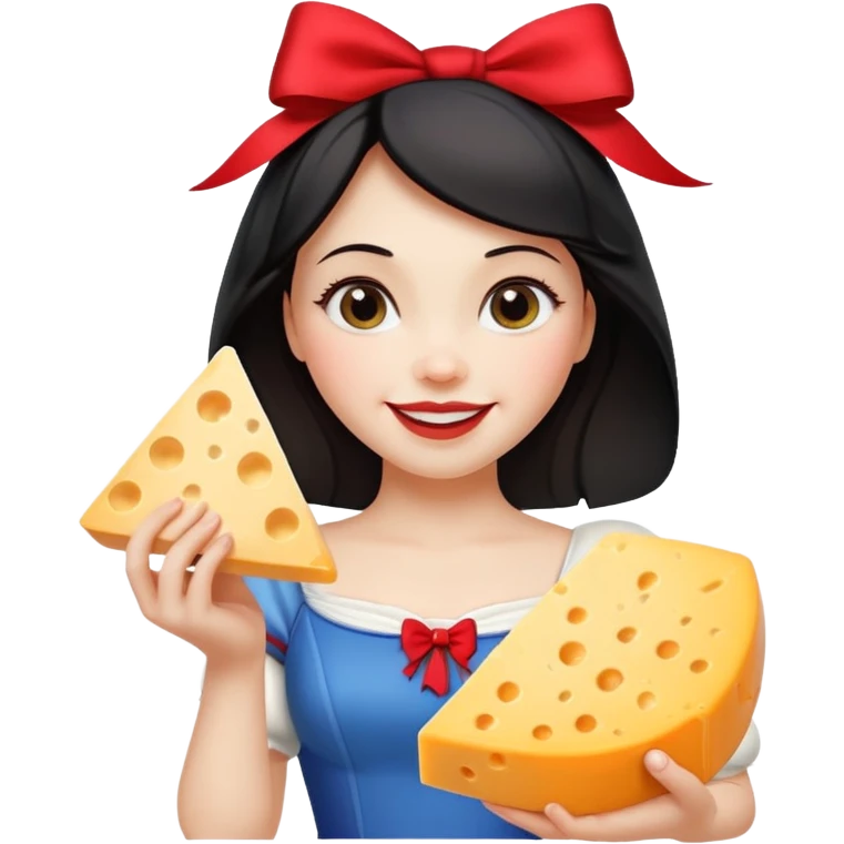  smiling Snow White with red bow holding triangle wedge of cheese emoji