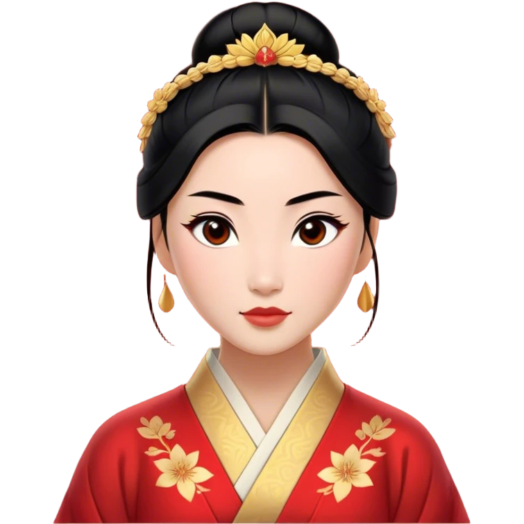 Cinematic Elegant Mulan Portrait Emoji, rendered in a realistic, vector-style with minimal shading and bold, simplified shapes. Depict Mulan (chest and above) with warm, light-toned skin, almond-shaped eyes, and sleek black hair styled in a traditional bun. She wears a modest, traditional robe with subtle red and gold accents, glowing with a soft, refined radiance and high shine, capturing timeless beauty and inner strength. emoji