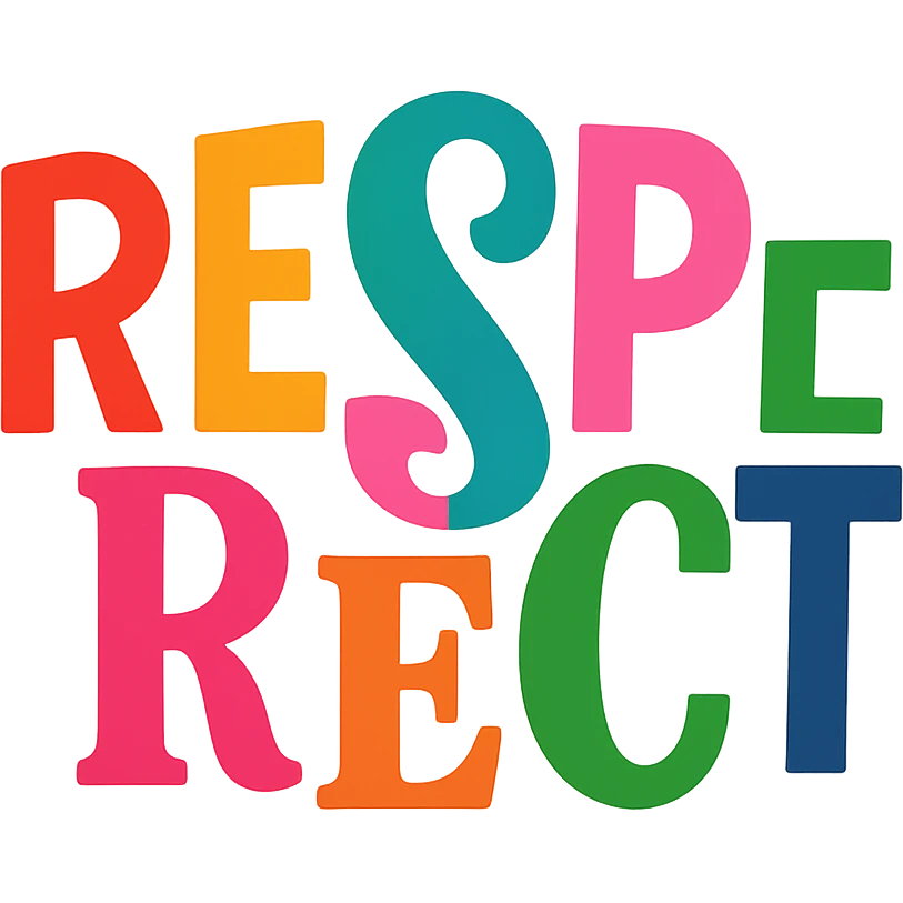 colorful modern text image with the word 'respect' in the center, varied colorful fonts, no emoji or face emoji
