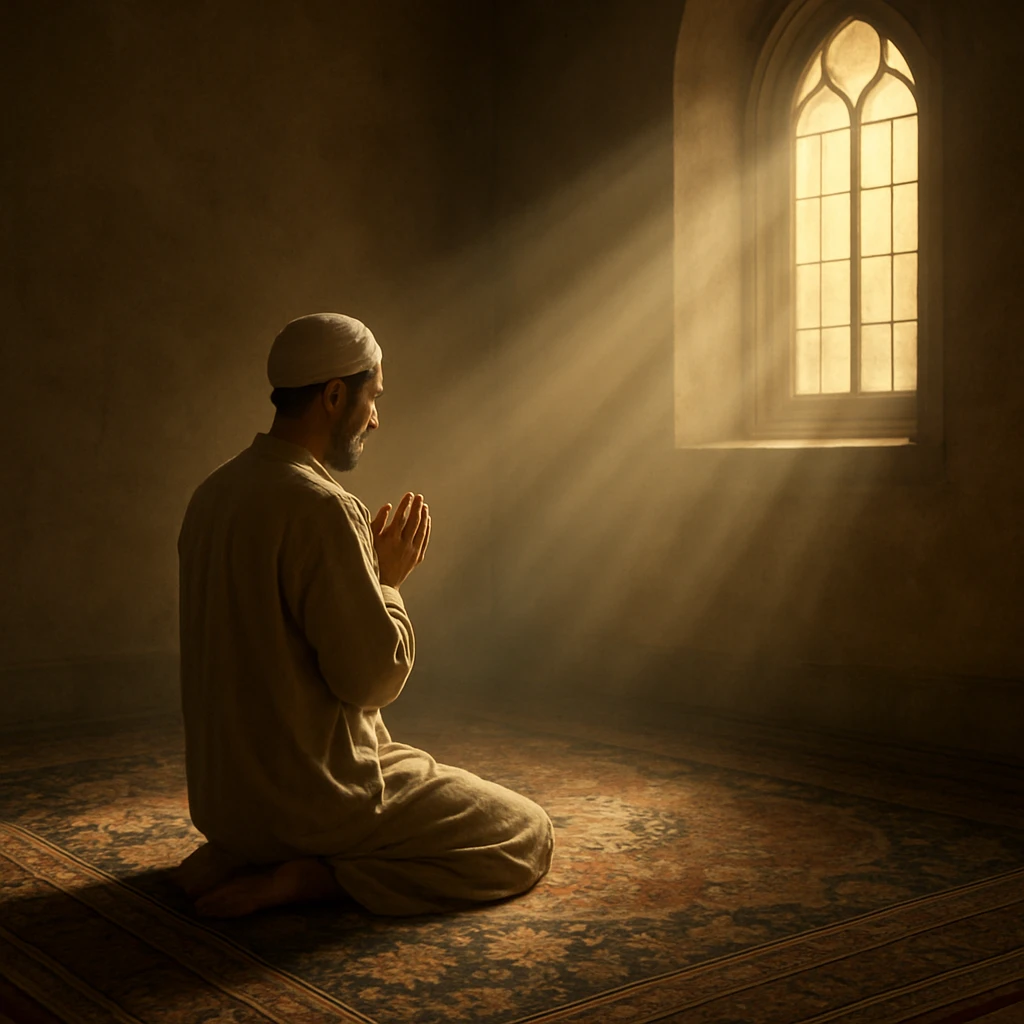 a tranquil figure in prayer on an ornate carpet, soft rays of light illuminating the space from a window emoji