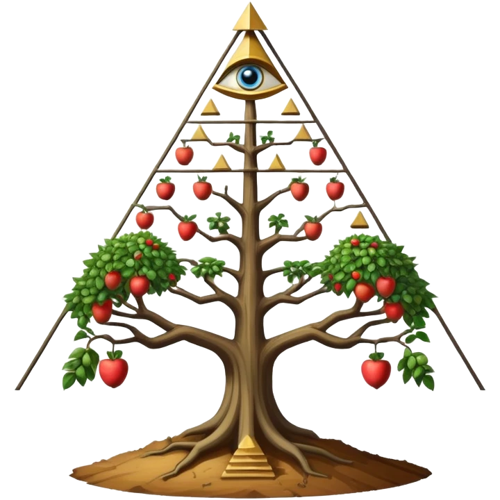 Annunaki tree from Garden of eden, that is actually a ancient tech antenna with illuminati all seeing eye in traingle symbol at the top and with little pyramids hanging like apples emoji