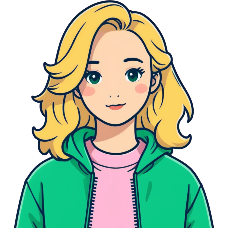 avatar of a girl with blonde wavy hair wearing a pink sweatshirt, sticker style emoji