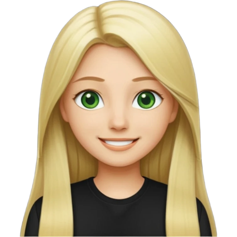 Long straight blonde hair with green eyes and black shirt smiling emoji