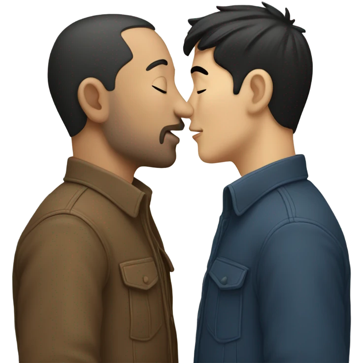 Two men kissing each other , one white with dark hair one Chinese,  emoji