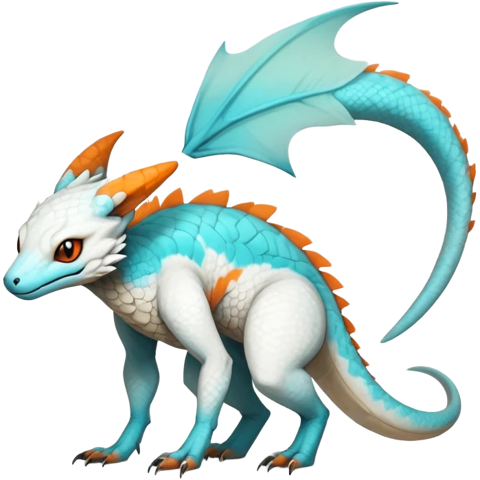 Rare realistic exotic cute white gloomy whitish and orange and cyan epic pretty beautiful handsome gorgeous aesthetic colorful vibrant Vernid-Trico-species-Fakemon-Salandit-hybrid-creature by LiLaiRa, 4 legs, 1 tail, random markings, (full body) emoji