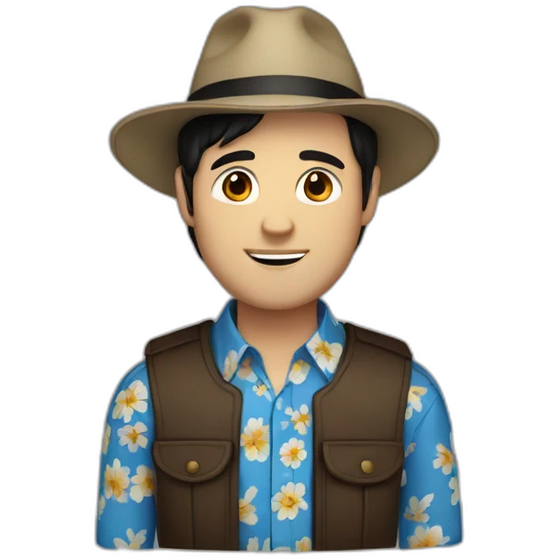 White Man with black hair, strip blue flowered shirt, brown hat emoji