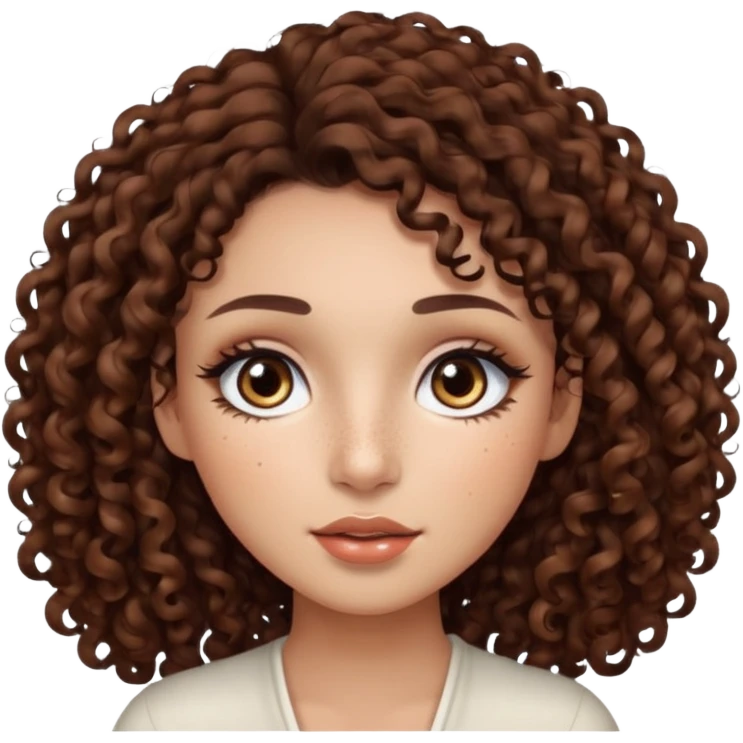 dark brown curly hair with dark brown eyes and too long lashes and some make up with freckle and light brown skin emoji