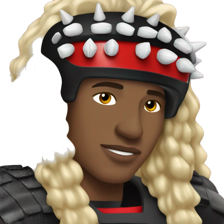 College football fan wearing spiked shoulder pad that are red and black emoji