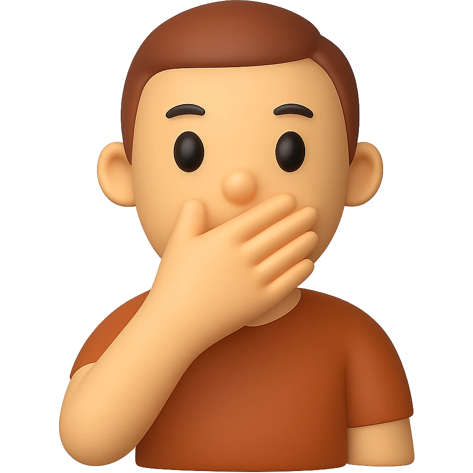 Create a 3D emoji style image of a man covering his mouth, matching the pose, color, shirt, and position of the reference image. The style should resemble Microsoft style 3D fluent emojis with a transparent background. emoji