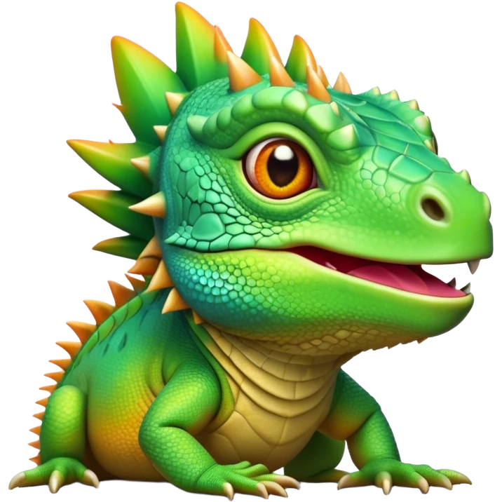 Cinematic Cute Iguana Portrait Emoji, Head tilted playfully and inquisitively, featuring a delightfully vibrant, textured body with a subtle spiky crest and large, sparkling eyes full of gentle wonder, Simplified yet irresistibly adorable features, highly detailed, glowing with a warm, inviting jungle glow, high shine, affectionate and lively, stylized with a touch of whimsical reptilian charm, soft glowing outline, capturing the essence of a mischievous yet loving iguana that seems as if it could scurry out of the screen into your arms! emoji