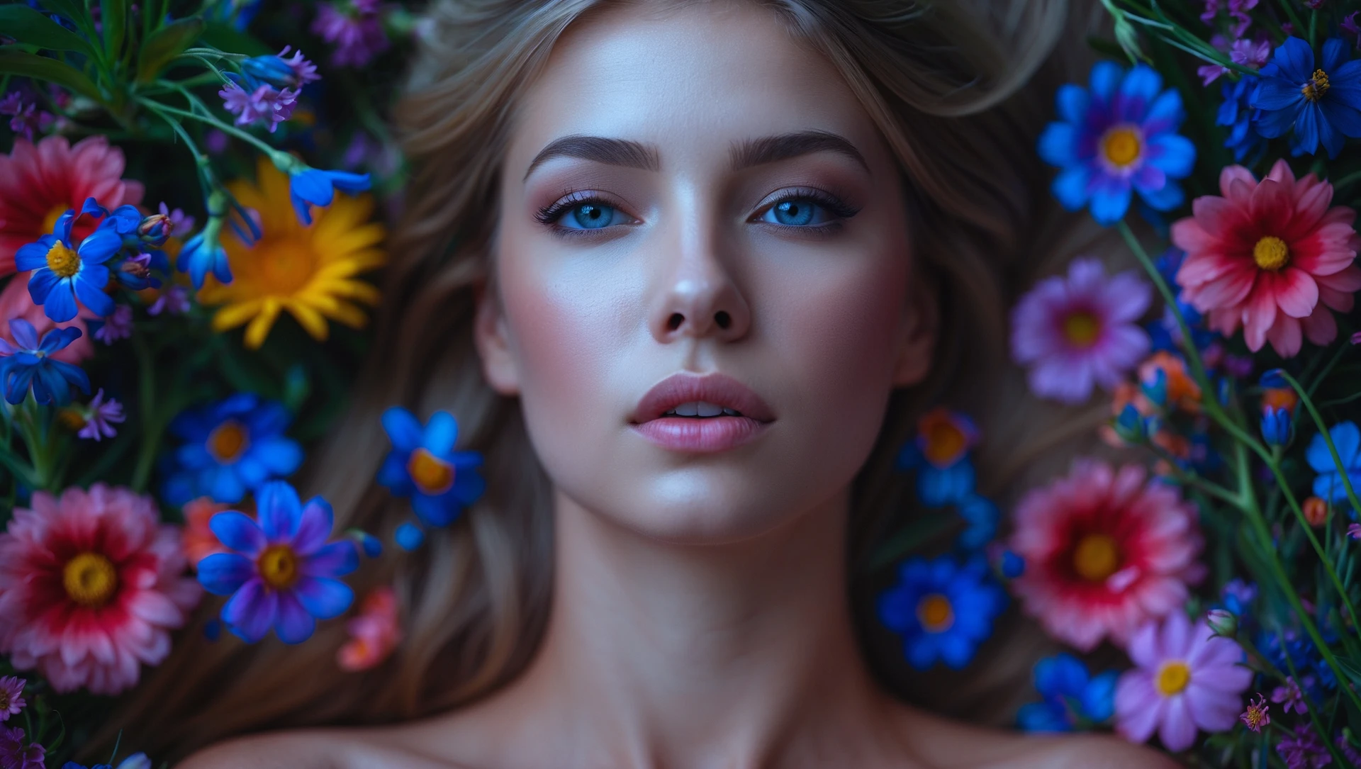 Camera drom top, Motion blur Extreme Closeup photo of a beautifull woman lay around beautifull colorfull flowers, cinematic light, 8K, very detailed, sharp emoji
