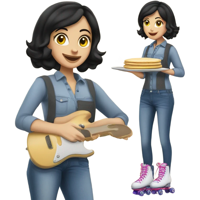 Caucasian woman with black hair wearing jeans on roller skates cooking pancakes emoji