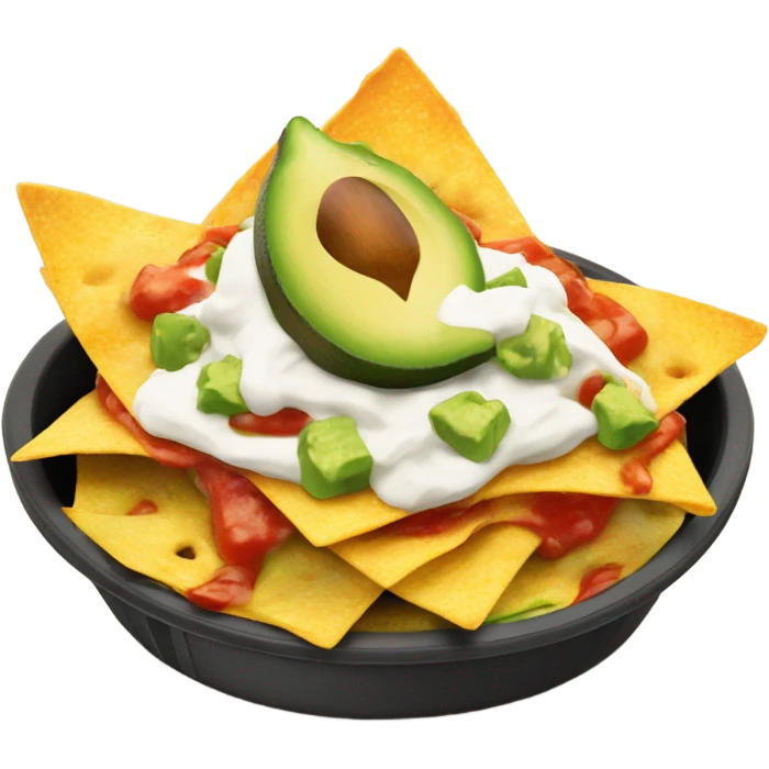 Nachos with melted cheese and guacamole and sour cream and salsa ontop emoji