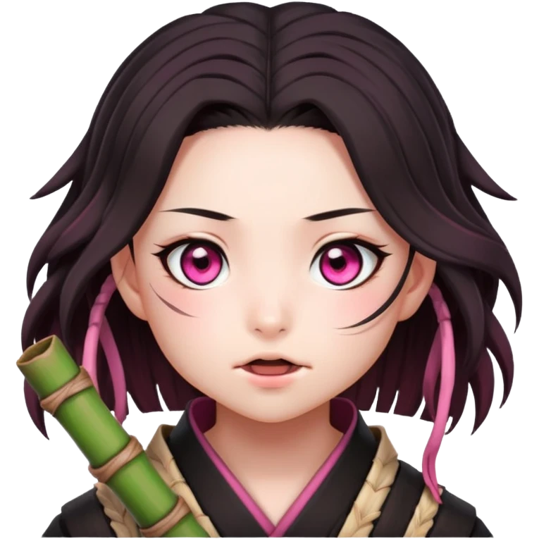cute Nezuko from Demon Slayer with bamboo muzzle in her mouth and pink eyes emoji
