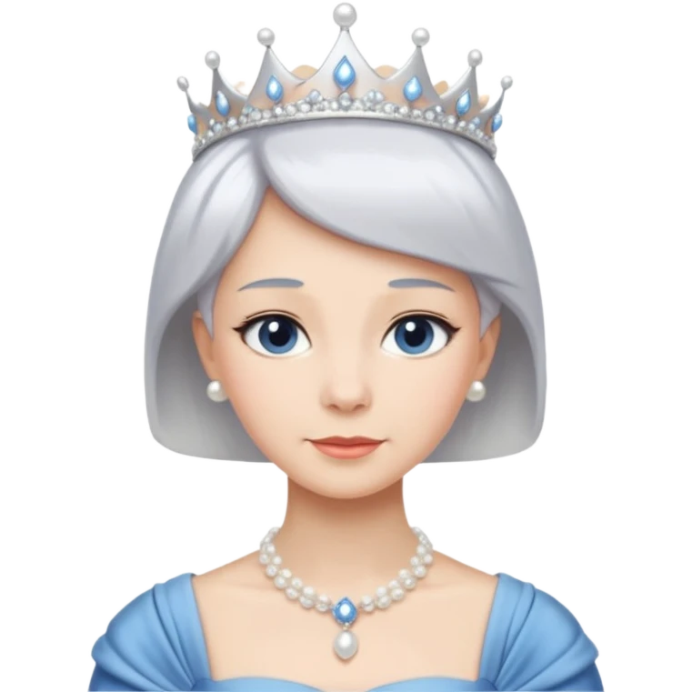 Queen with white short hair – silver tiara, pearl necklace, elegant gown, blue dress emoji