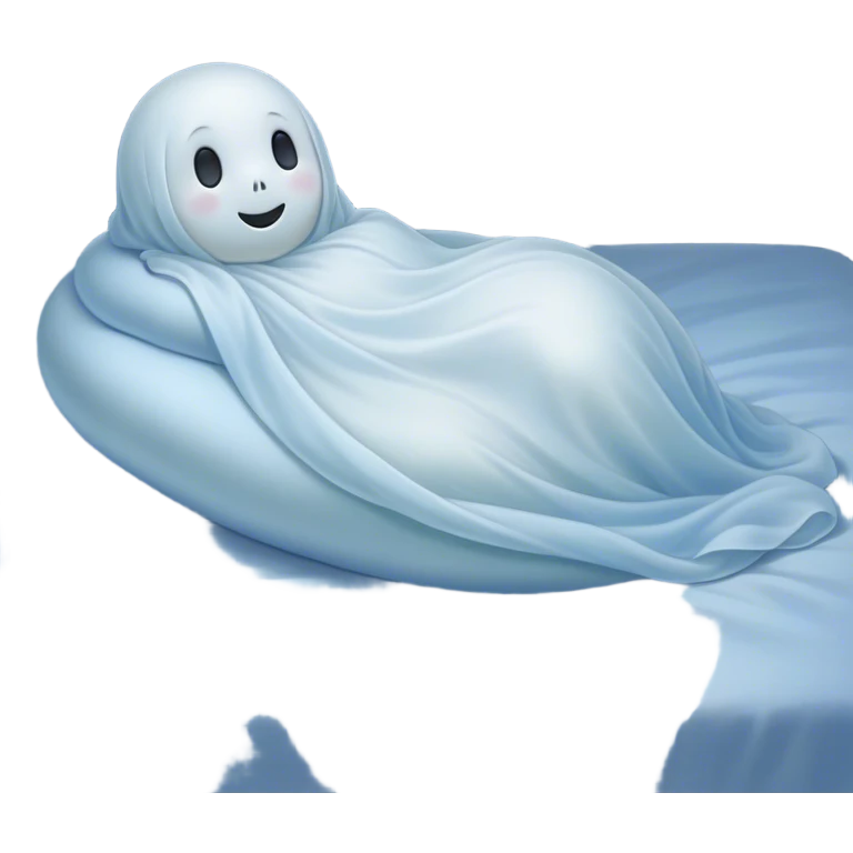 An adorable, peacefully floating sheet-like ghost in gentle pastel whites and blues, its soft, rounded form loosely draped, head resting with closed, serene sparkling eyes and a tiny, contented smile, simplified yet irresistibly charming, highly detailed, with a soft glowing outline that captures the essence of a sleepy, endearing spirit wrapped in cozy slumber! emoji