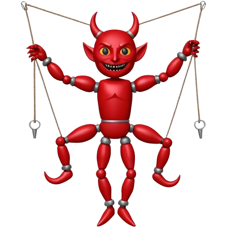 3D render of Devil Puppet as a wooden marionette puppet, Red painted wood, strings, silver metal screw joints at elbows and knees, polished brown wood texture, rigid toy pose, emoji style, isolated on white background --v 6.0. emoji