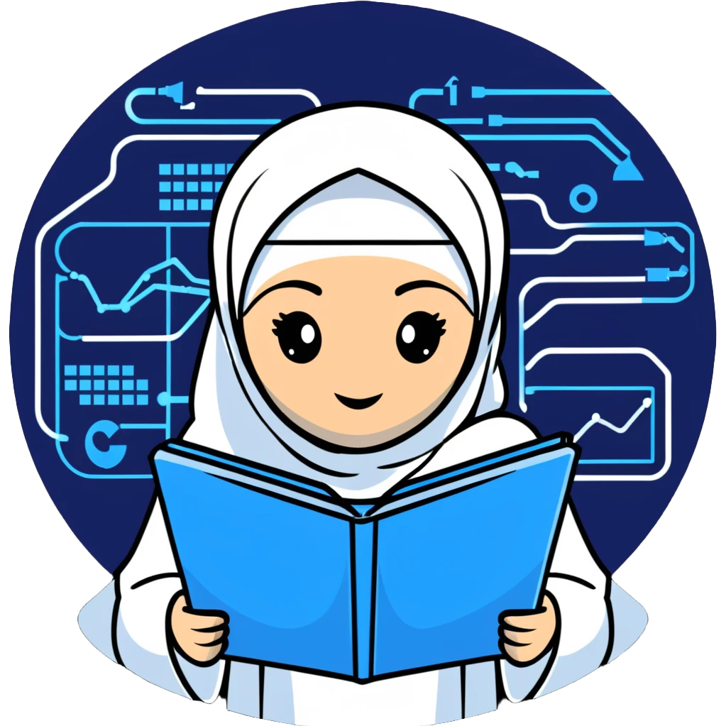 computer science woman with white hijab in blue outfit, with floating code elements, programming syntax, algorithms visualization, database schemas, software design patterns, command line interfaces, binary trees, and computational formulas surrounding her emoji