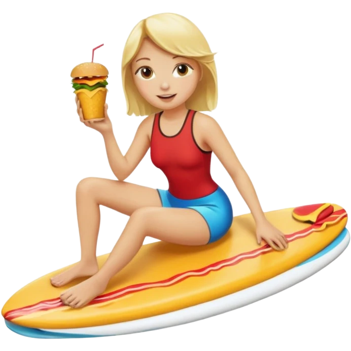 make a blonde girl eating a cheese burger riding a surf board emoji