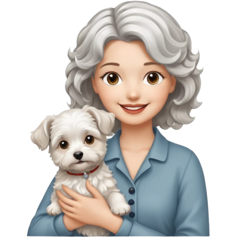 silver, short, wavy-haired with loose curls, smiling pretty lady holding a westie dog and a lhasa apso dog emoji