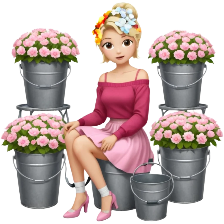 a blond girl  sitting  near various bouquets of flowers in metal buckets a white and pink flowers , Her hairstyle is slightly messy updo. She wears a red off-shoulder cardigan and a white long skirt. Her leg is extended forward toward the camera, appearing long and graceful. emoji