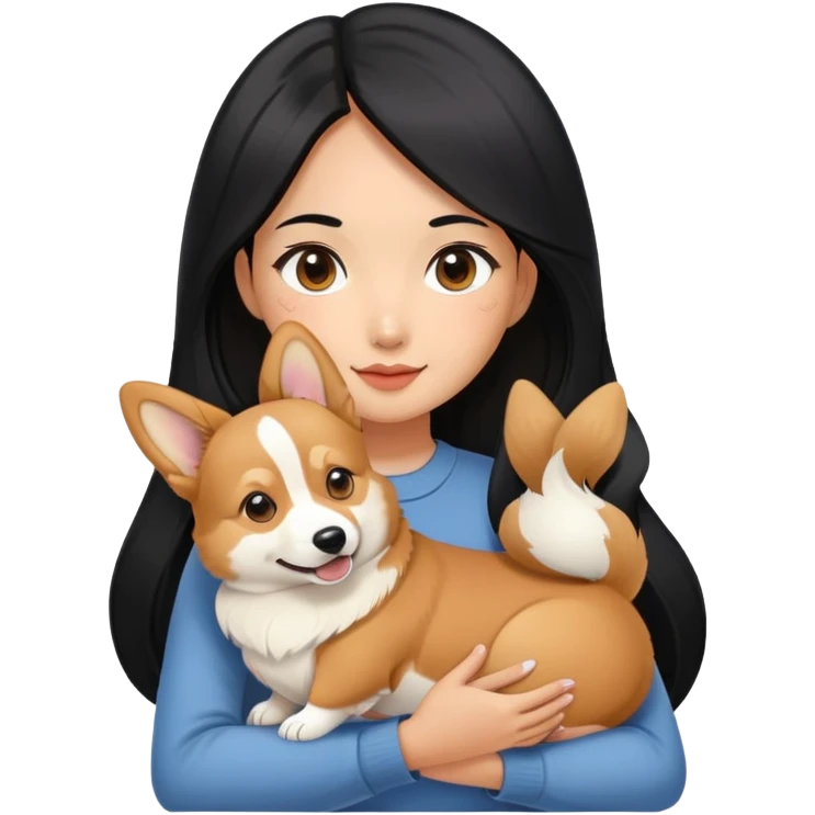 Asian girl with long black hair holding her corgi sable color emoji