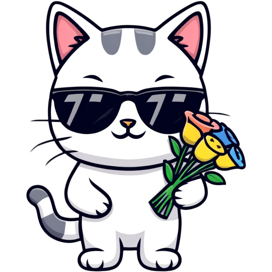 cat wearing sunglasses holding a bouquet of flowers emoji