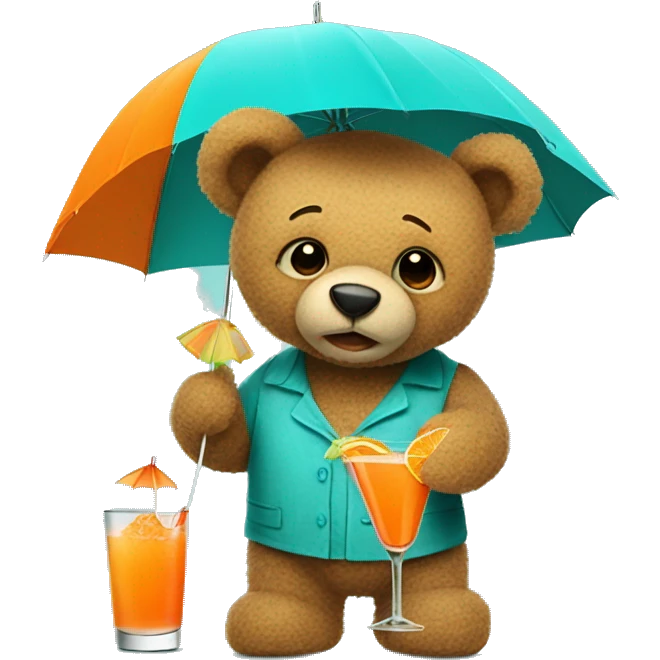 
a turquoise, tattered teddy bear holding an orange cocktail umbrella. emoji