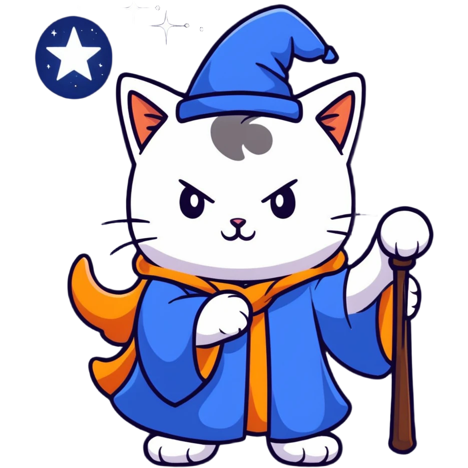 Mystical cat wizard with starry blue robes and glowing magic staff emoji