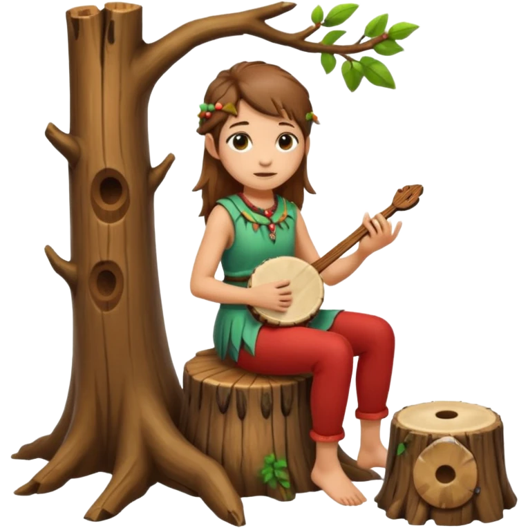 forest spirit girl with short brown mullet playing hand drum, sitting on tree stump emoji