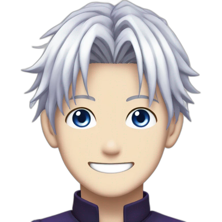 Satoru Gojo with his blue eyes,long medium white hair, a big friendly smile, dark violet uniform from jujutsu kaisen emoji