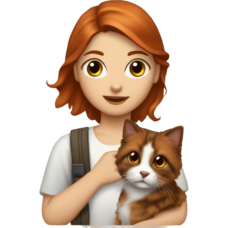 Copper red haired girl with dark brown eyes holding tortie Siberian car emoji