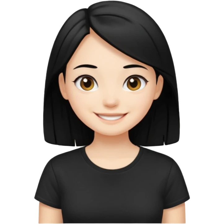 a pretty bratz fair girl with straight black hair, wearing a black tshirt, smiling emoji