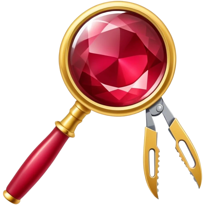 Jewelry art icon. A ring with a golden ruby, magnifying glass and pliers. Minimalistic style, clean lines, transparent background. emoji