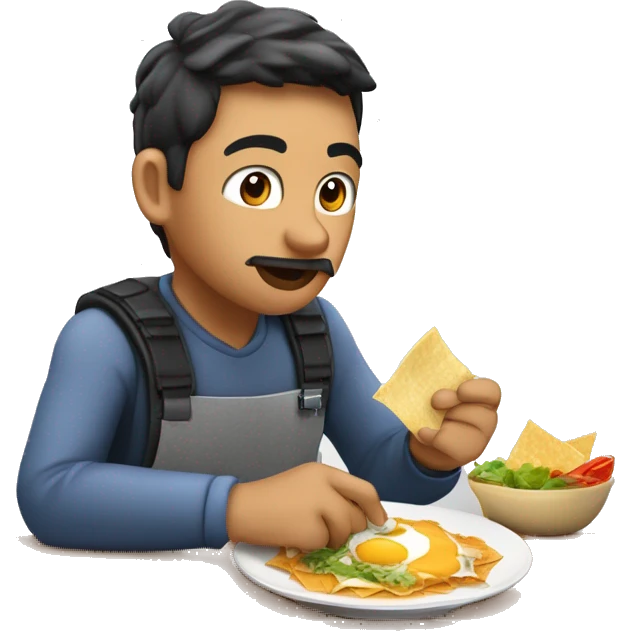 Delfín estudiante de bachillerato comiendo chilaquiles en un puesto de comida callejera mexicana emoji