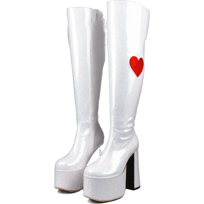 glittery white platform knee high gogo boot with heart on side emoji