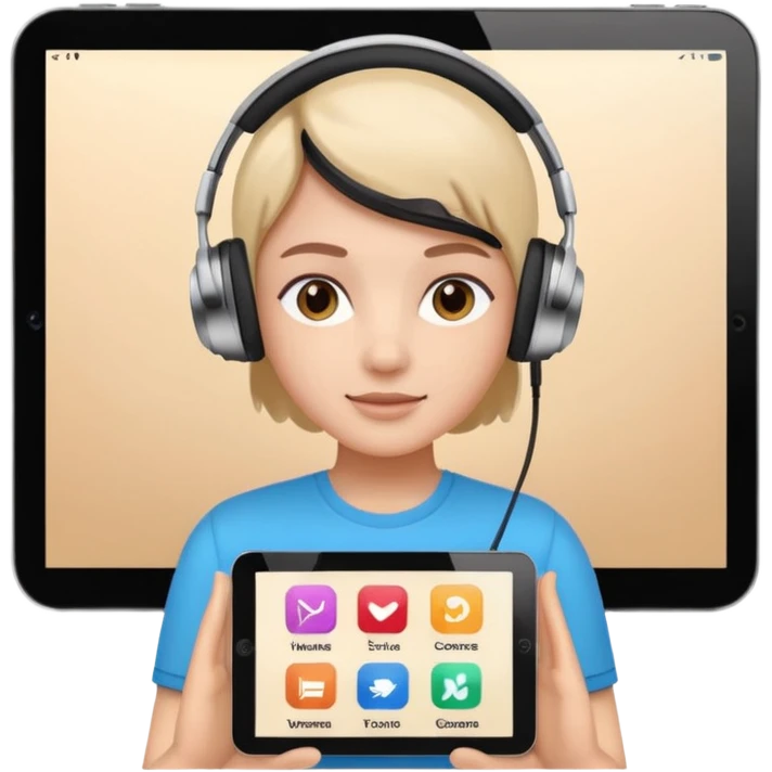 tablet with rounded corners, on the screen an interface with a person presenting onlince course emoji