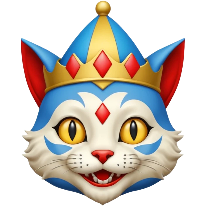 crazy colorful cute little cat jolly joker from poker, medieval, vintage, court jester, mac os icon, blue color emoji