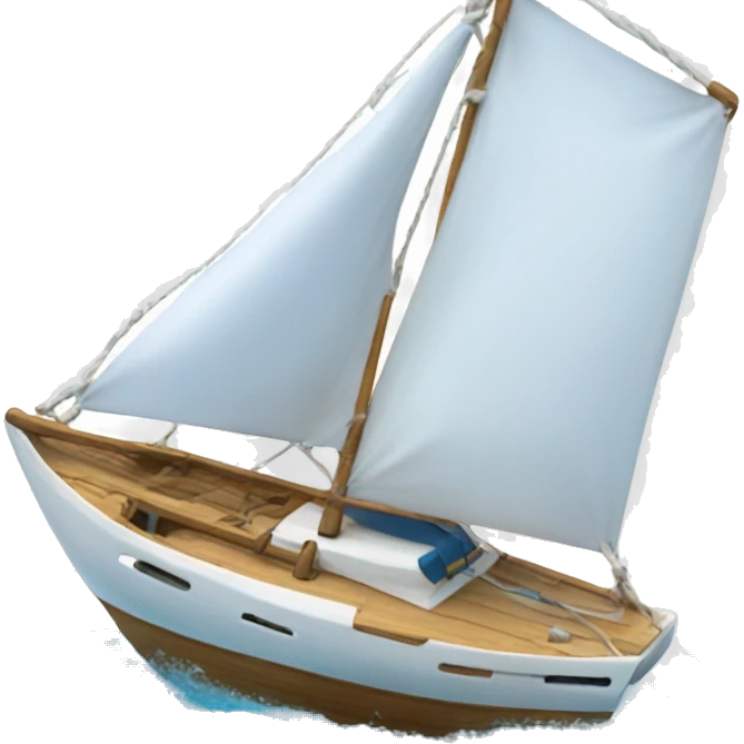 A white catamaran with blue sails, sailing, the boat is called CAT BALLOU and that is written on the side emoji