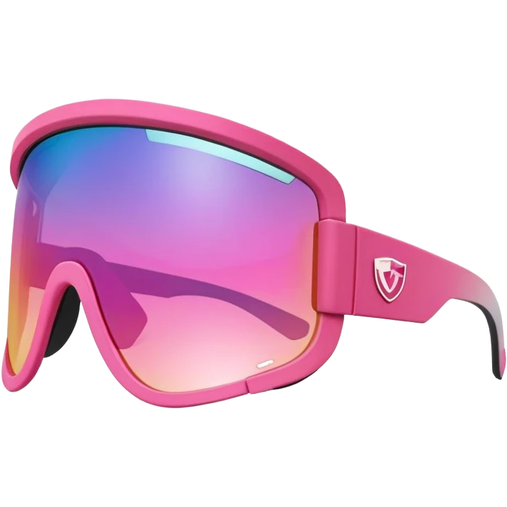 sporty pink shield visor sunglasses with thick layered frame, multi-level chunky design, substantial build, one-piece lens with color gradient emoji