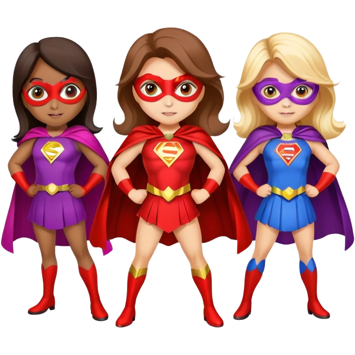 three superhero girls with capes and masks in different colors emoji