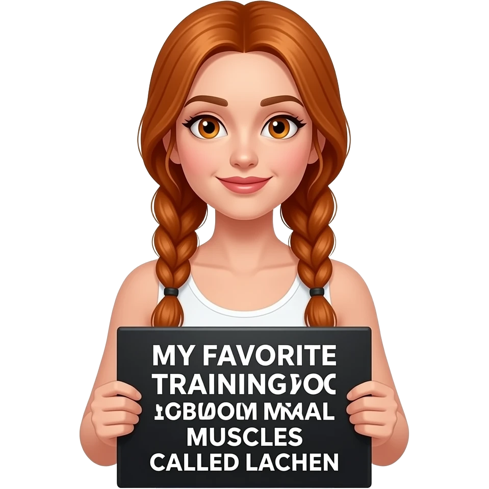 sexy girl with long ginger braids and ginger eyes wearing a white tanktop is holding a black sign with MEIN LIEBLINGSTRAINING für die BAUCHMUSKELN heißt LACHEN written on it emoji