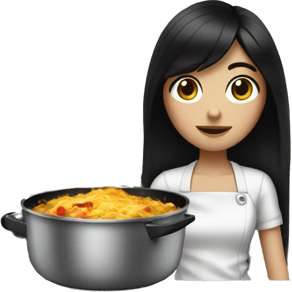 Pale girl with long black hair cooking dinner  emoji