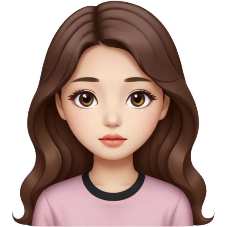 “korean straight brown hair Emoji girl, soft eyeliner and blush, gradient lips, light brown shimmer eyeshadow, long wavy hair,  emoji