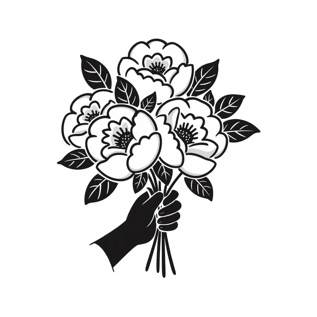 a bouquet of peonies with lush petals and leaves, held in a hand, in pastel colors dd9fb0 ffc6d3 a3bfc9 c4bee2 f1b091 emoji